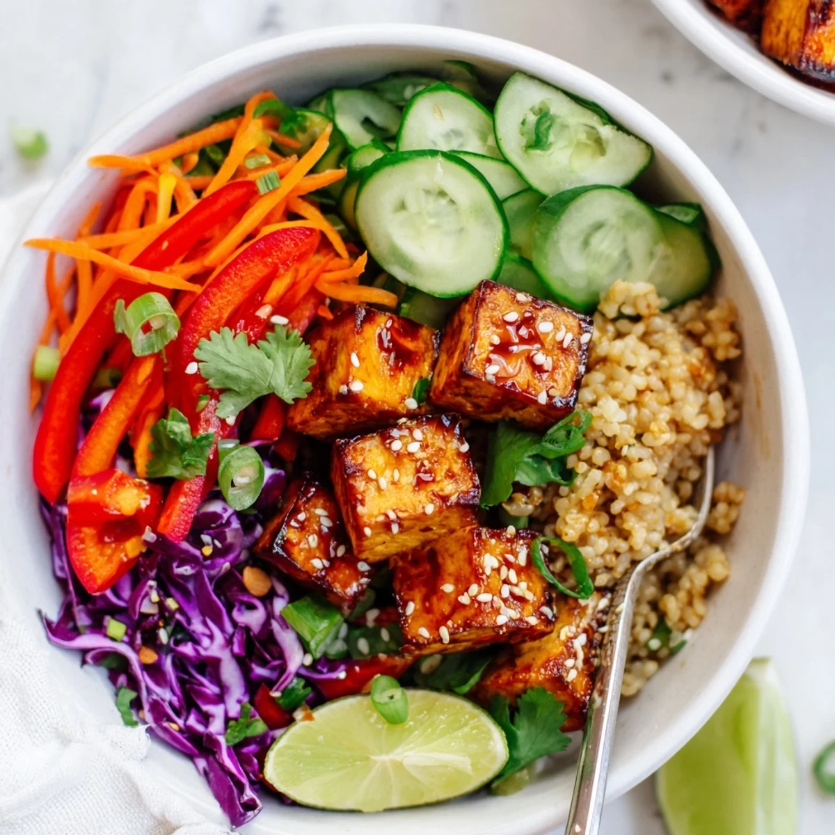 Crispy golden spicy tofu grain bowl topped with vibrant shredded vegetables and sesame seeds
