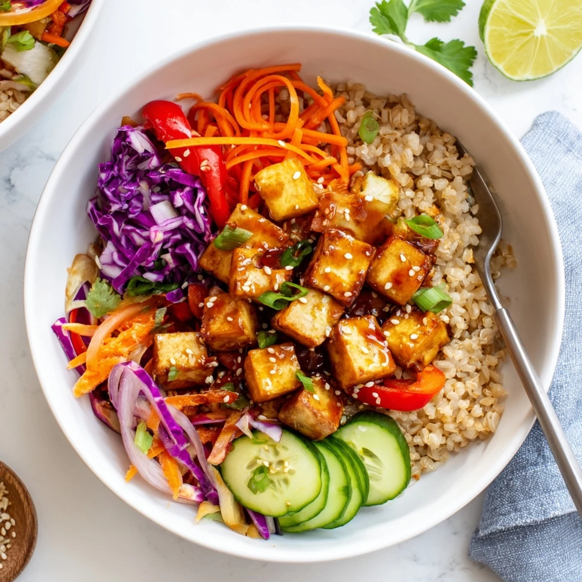Steaming spicy tofu grain bowl drizzled with zesty sauce alongside colorful crisp fresh vegetables