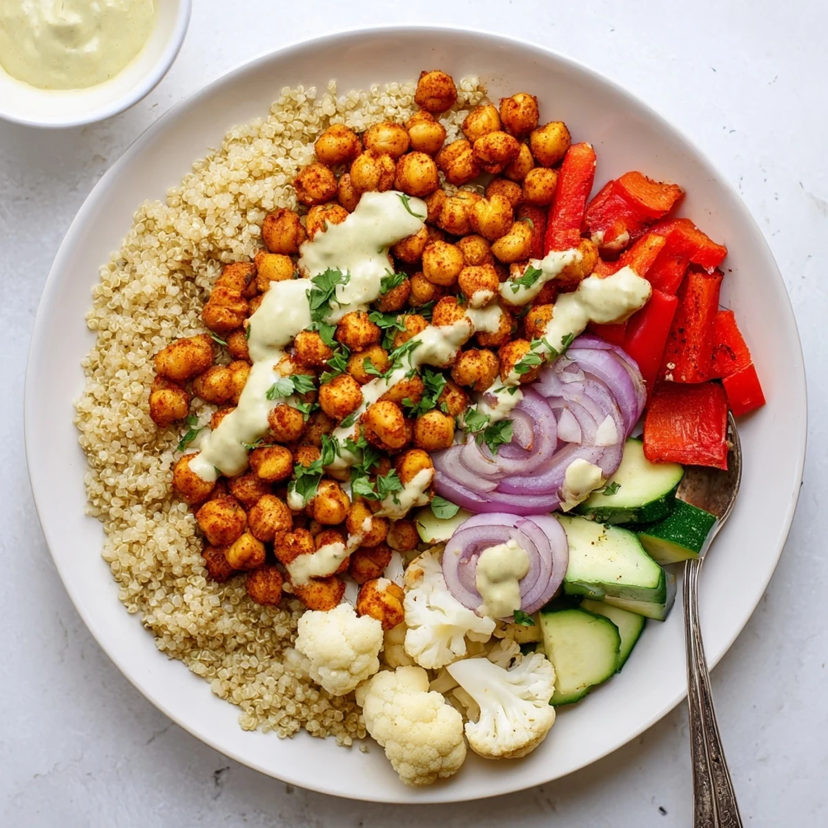 Vibrant Moroccan Chickpea Bowl featuring spiced tender vegetables over fluffy quinoa