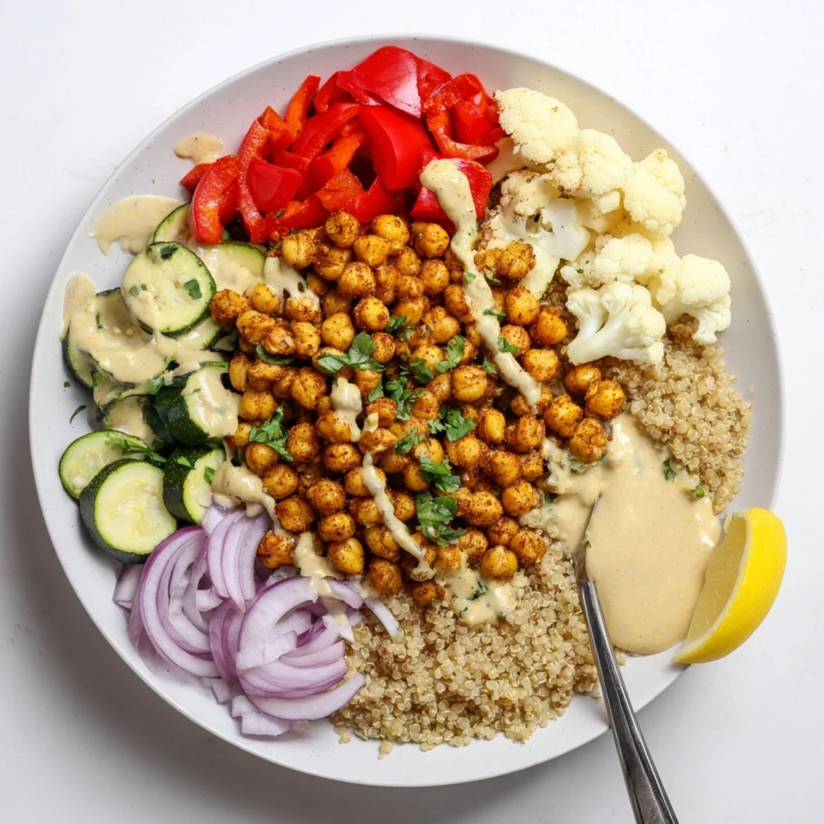 Golden roasted Moroccan Chickpea Bowl drizzled with creamy lemon-tahini sauce and fresh herbs