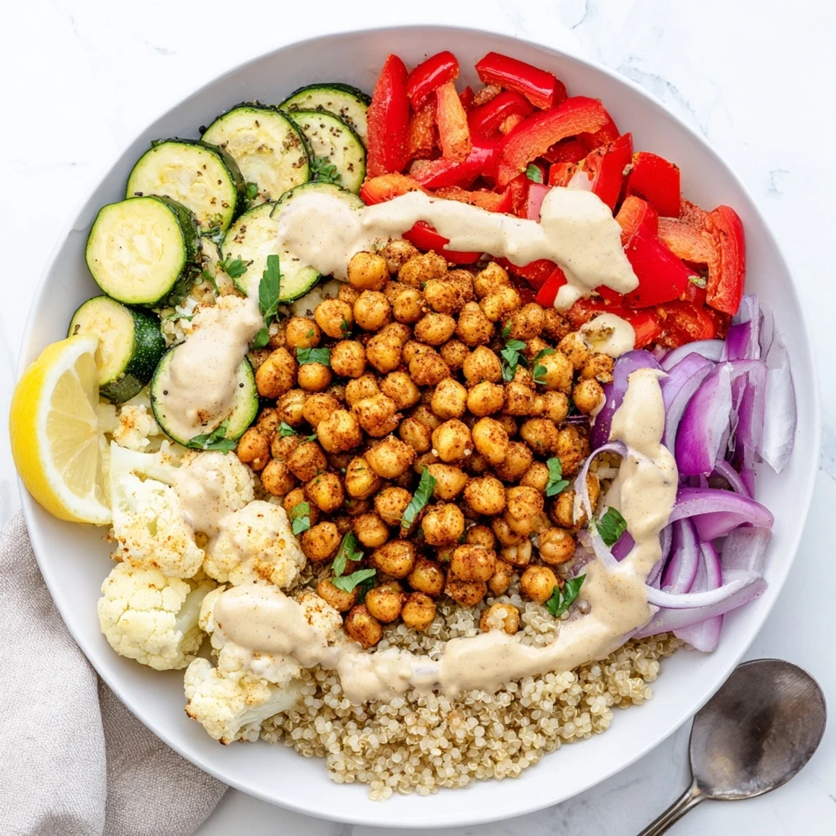 Crispy cumin-dusted Moroccan Chickpea Bowl topped with bright herbs and lemon wedges