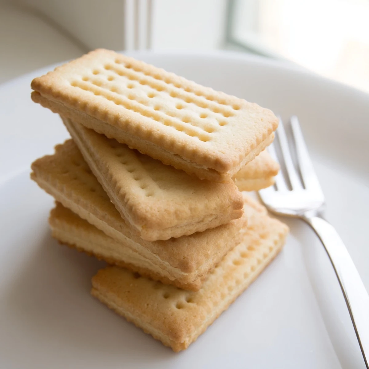 Crispy buttery Petit Beurre cookies arranged on a rustic wooden serving board