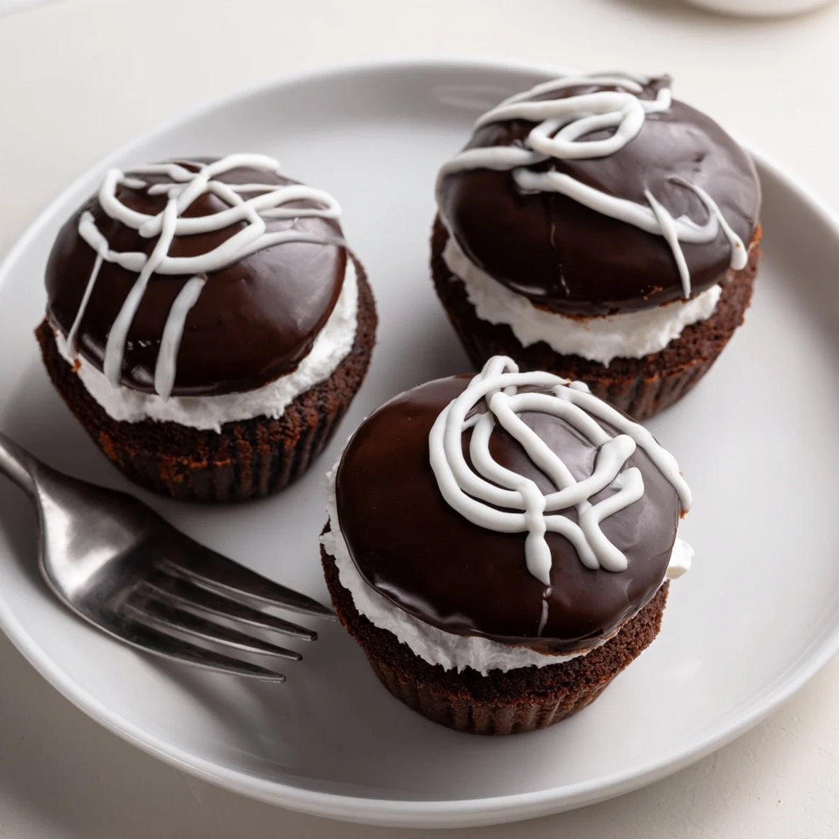 Chocolate Homemade Hostess Cupcakes sliced open to reveal a fluffy white cream center