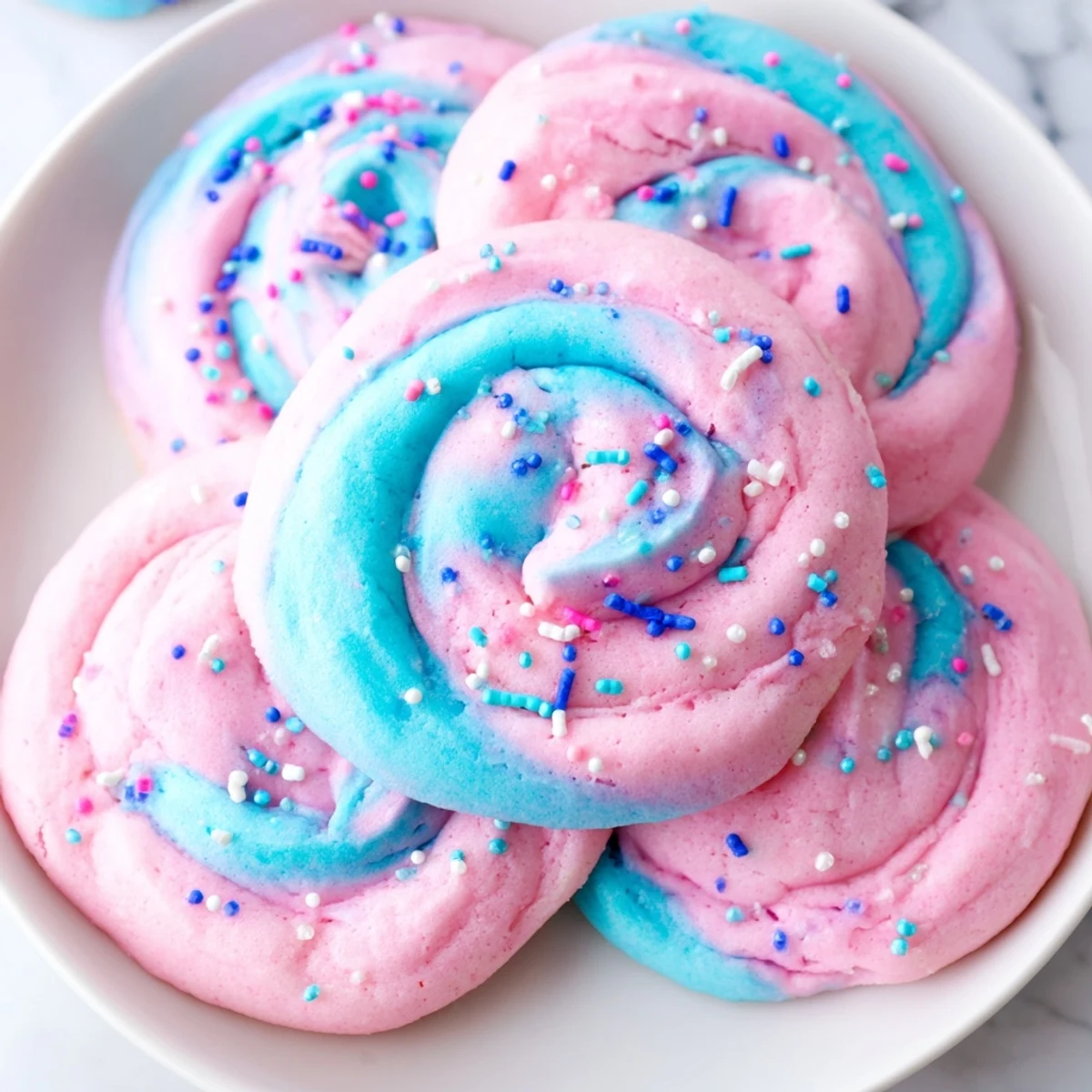 Soft cotton candy cookies with swirled pink and blue pastel dough on a baking sheet