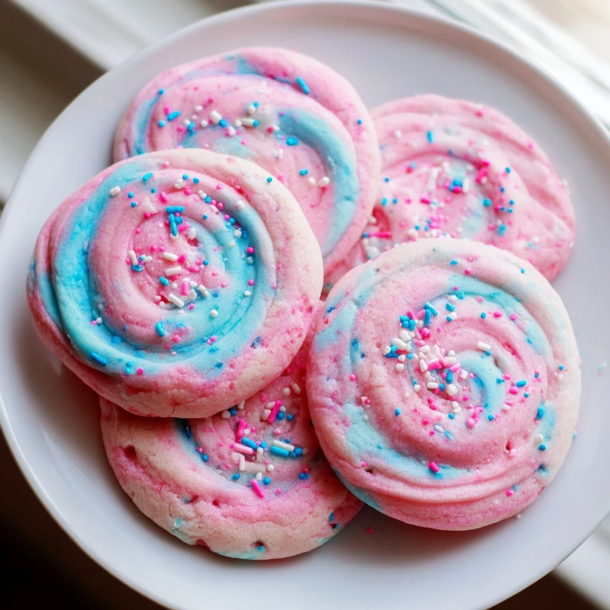 Cotton candy cookies topped with colorful sprinkles arranged on a rustic serving platter