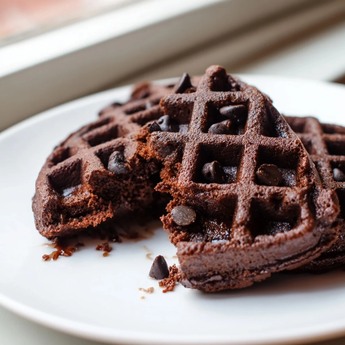 Warm fudgy brownie waffles topped with whipped cream and fresh berries on a white plate
