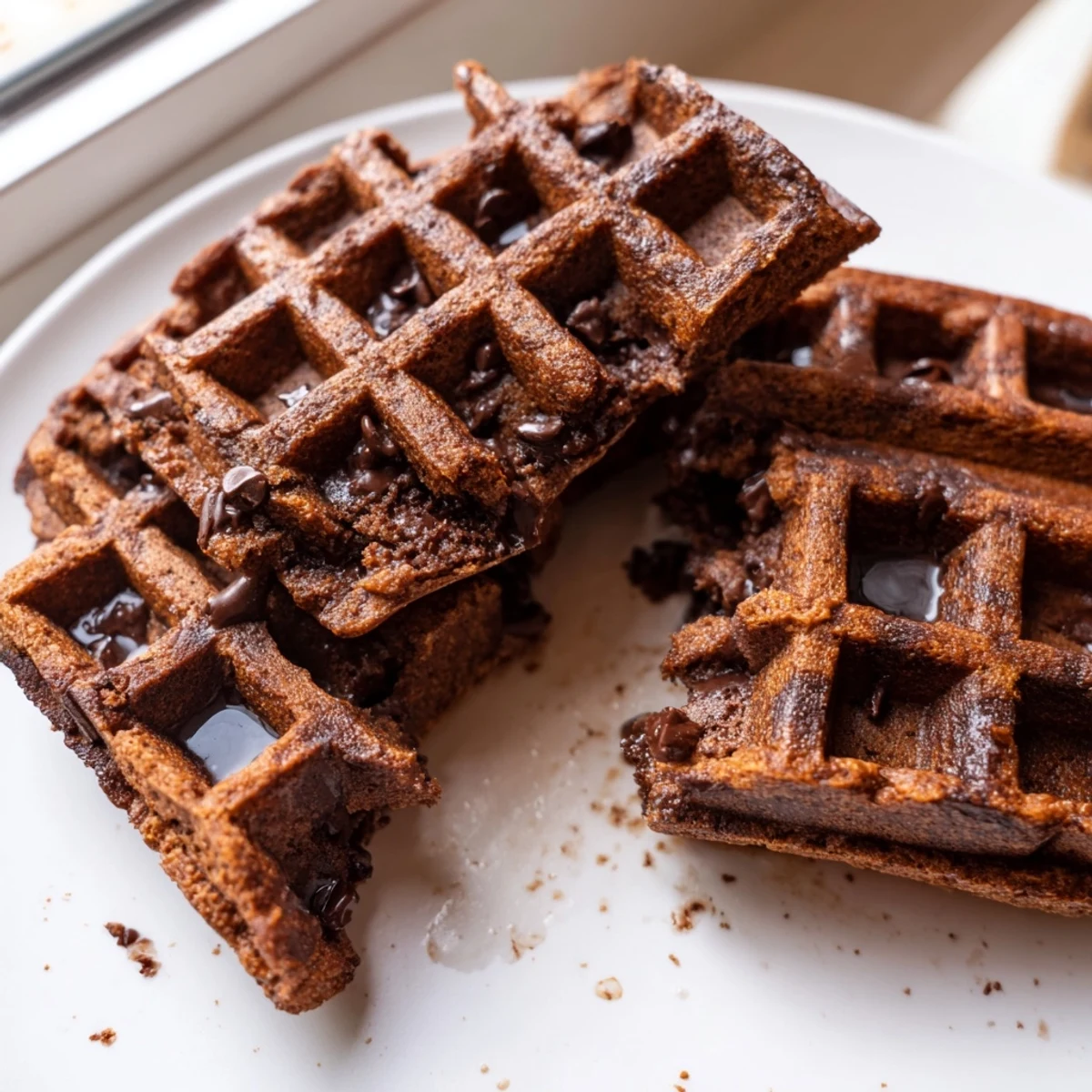 Crispy-edged fudgy brownie waffles drizzled with rich chocolate sauce served on a rustic wooden board