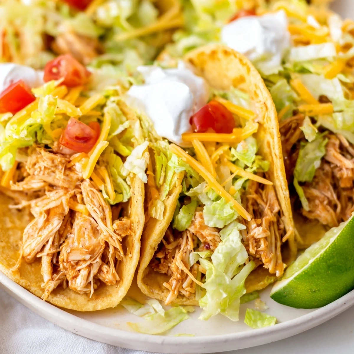 Slow Cooker Ranch Chicken Tacos piled high with melted cheddar and fresh cilantro on warm tortillas