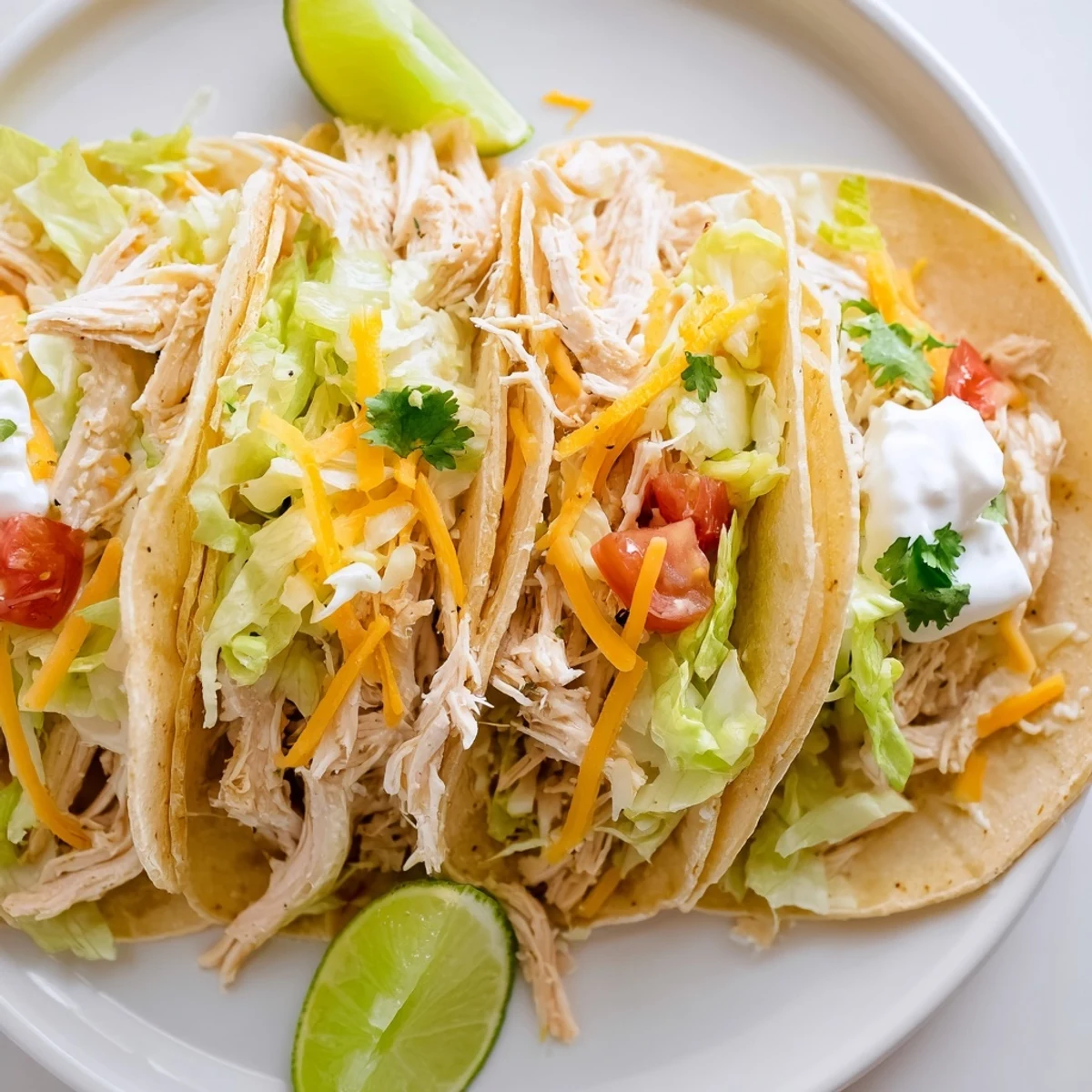 Juicy shredded Slow Cooker Ranch Chicken Tacos topped with crisp lettuce, diced tomatoes, and sour cream