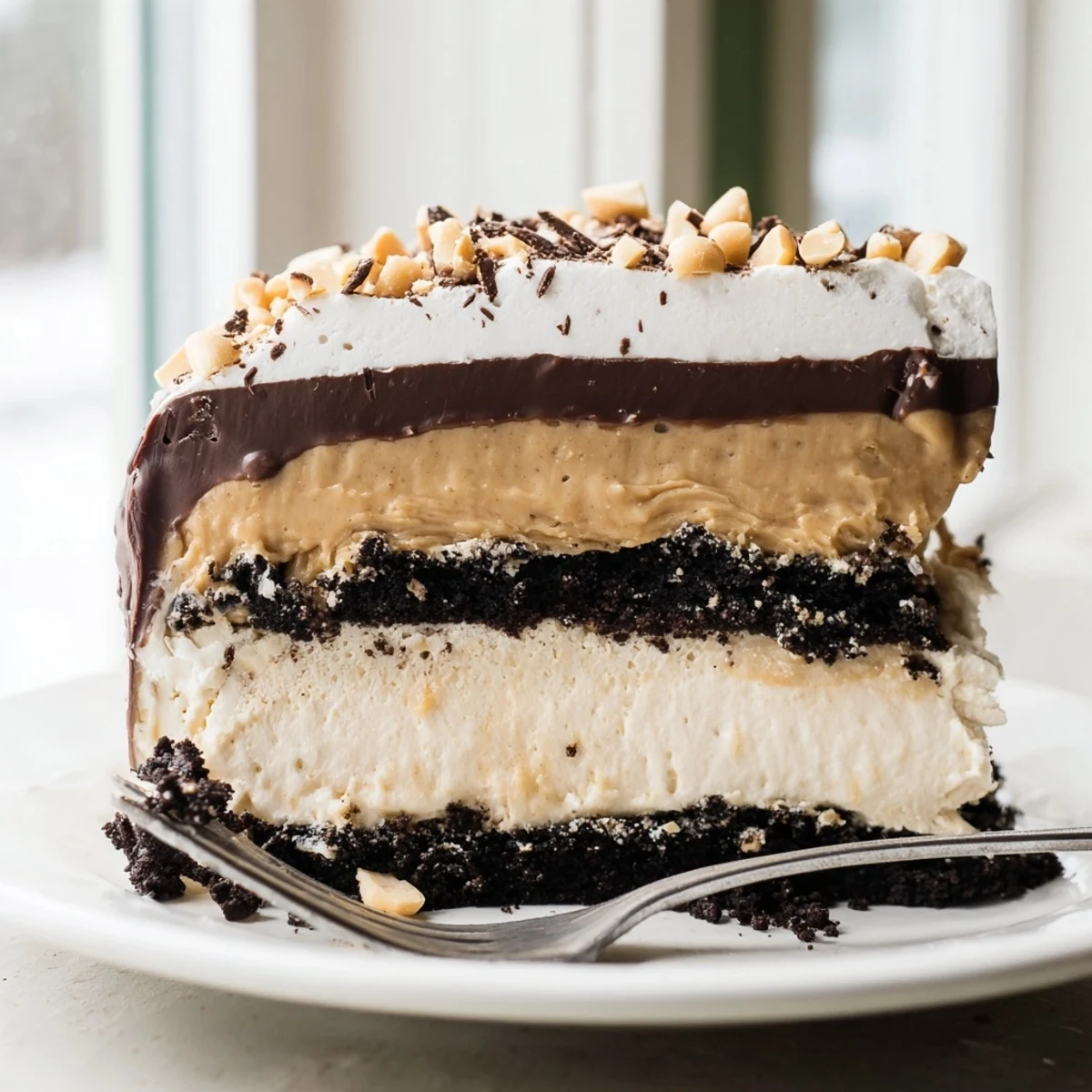 Creamy peanut butter layered delight with rich chocolate ganache over a crunchy cookie crust