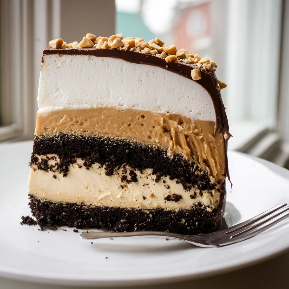 Velvety peanut butter layered delight sliced to show chocolate and whipped cream stripes