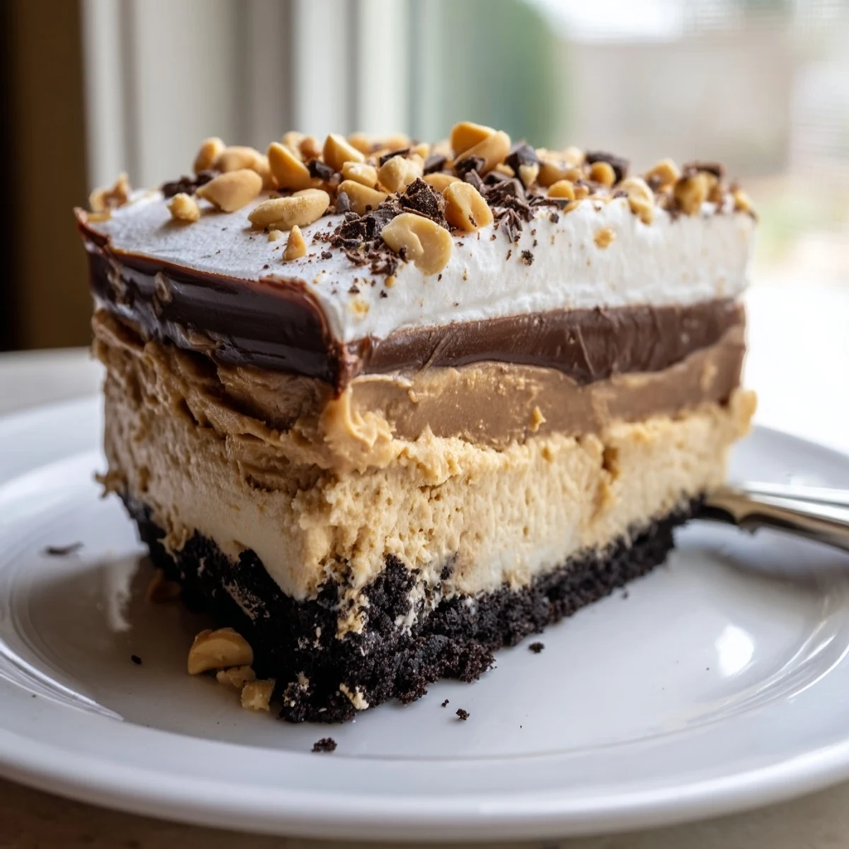 Chilled peanut butter layered delight topped with chopped peanuts and chocolate shavings