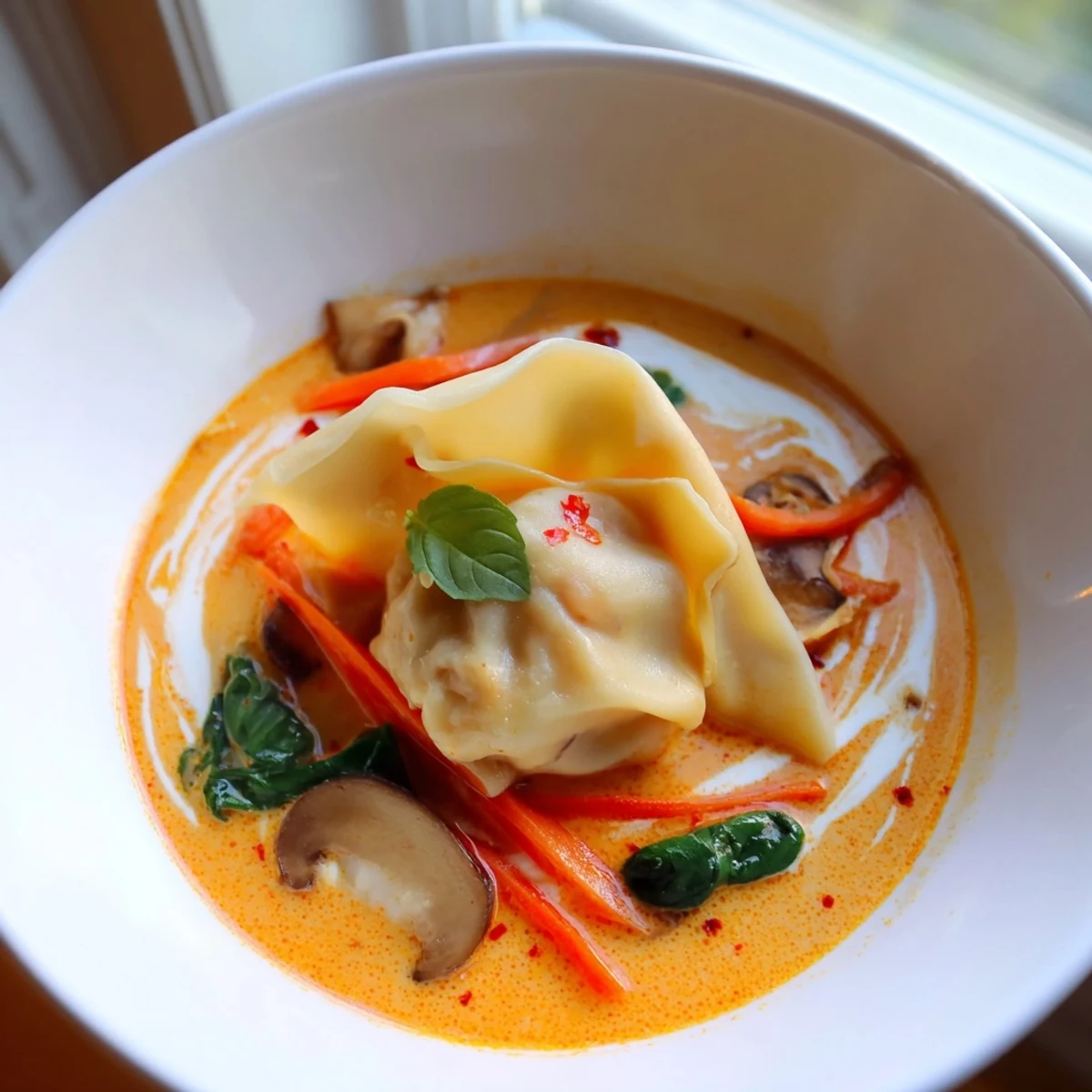 Steaming bowl of Creamy Thai Dumpling Soup with fresh cilantro and chili garnish