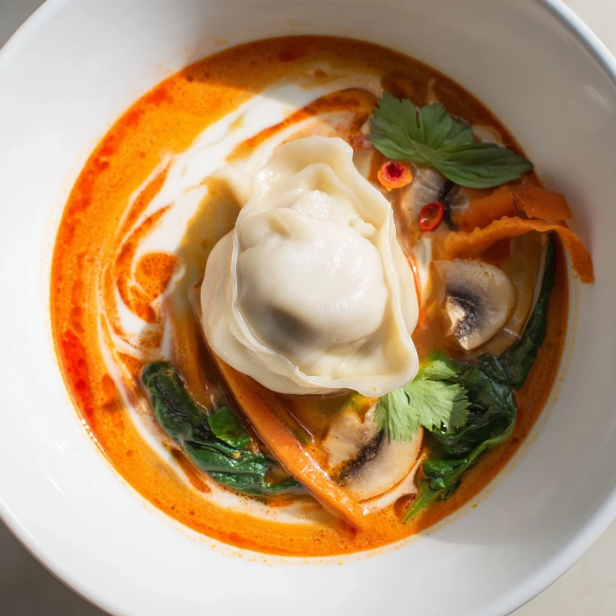 Golden coconut broth cradling tender dumplings in this Creamy Thai Dumpling Soup