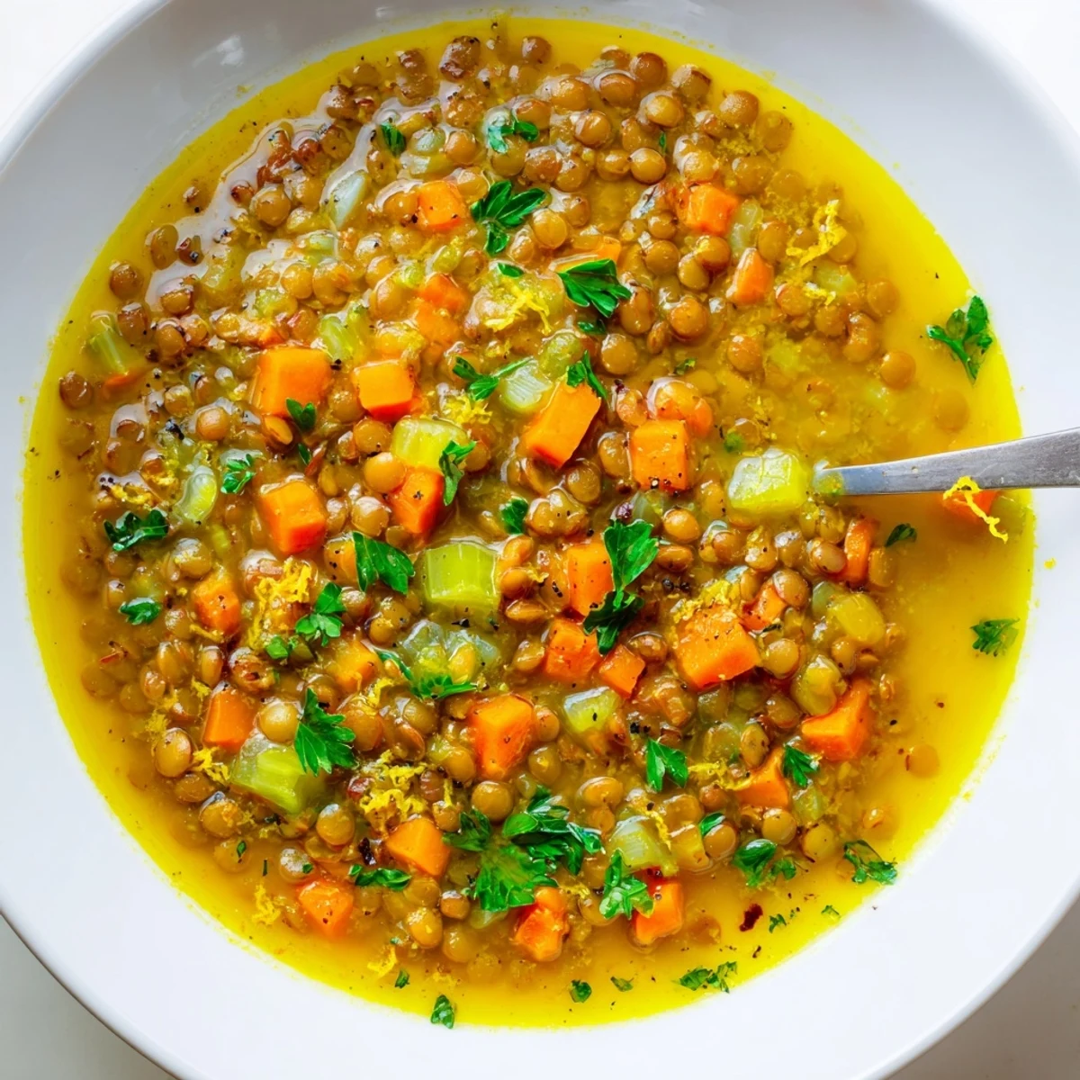 A steaming bowl of lemon lentil soup garnished with fresh parsley and a lemon wedge