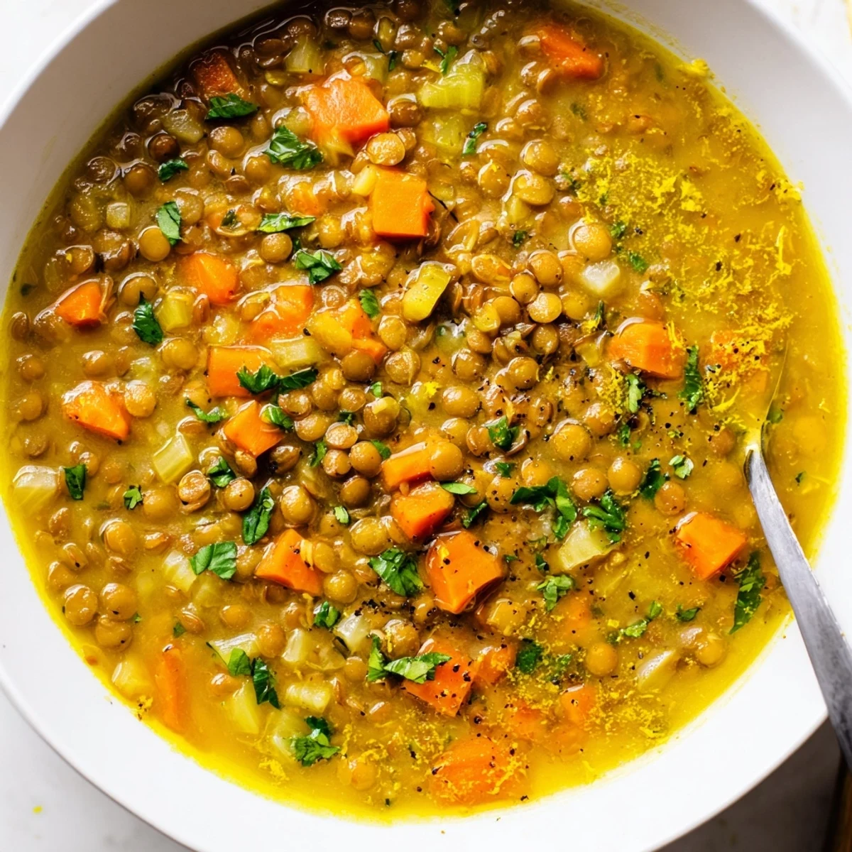 Golden lemon lentil soup with tender vegetables in a rustic ceramic bowl topped with herbs