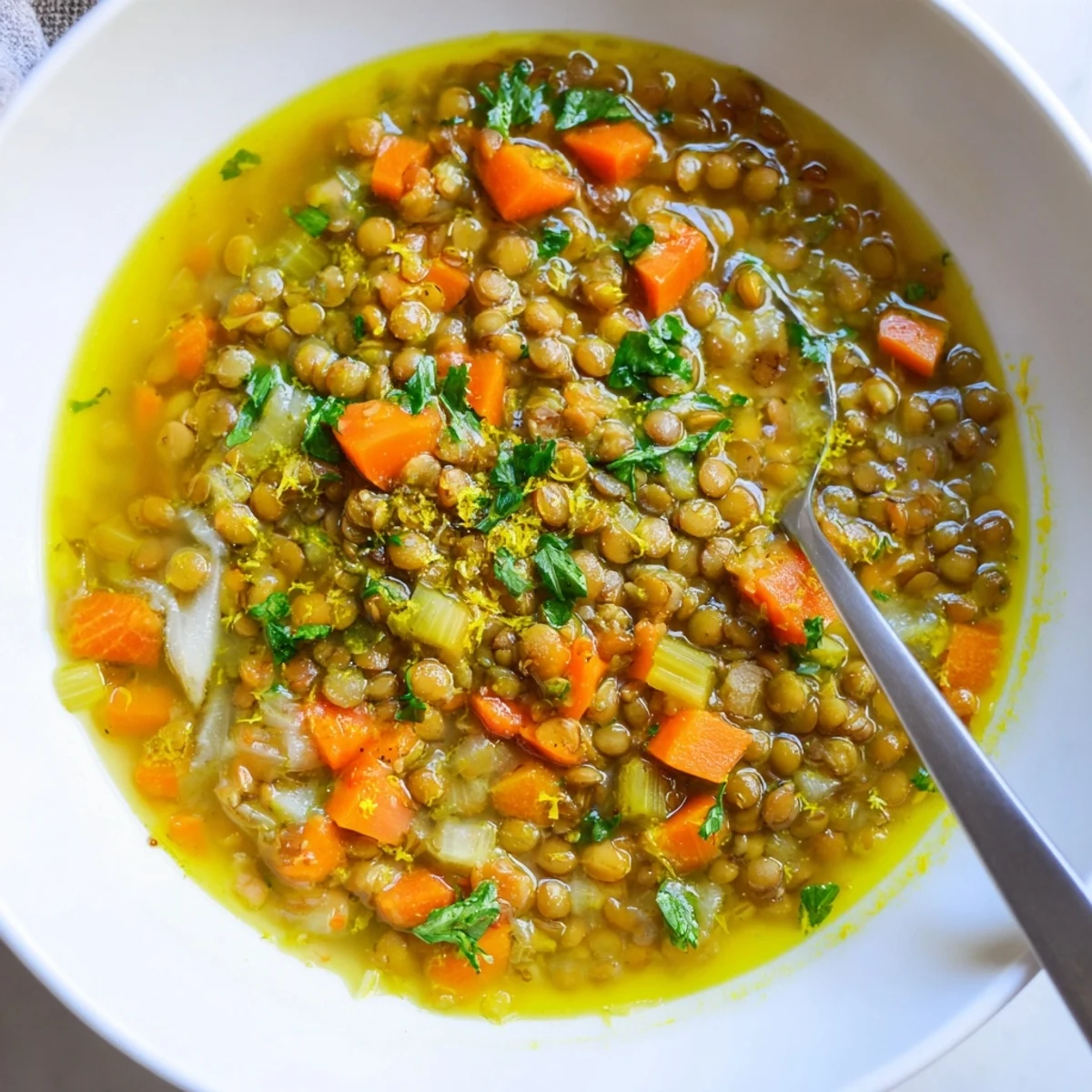 Creamy lemon lentil soup ladled into a shallow bowl drizzled with olive oil and crusty bread