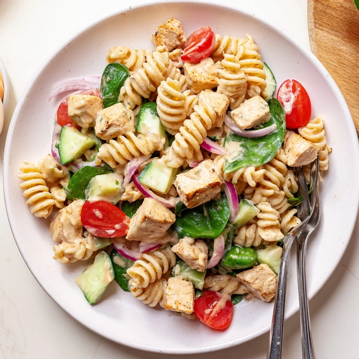 Creamy honey mustard chicken pasta salad with colorful veggies in a bowl