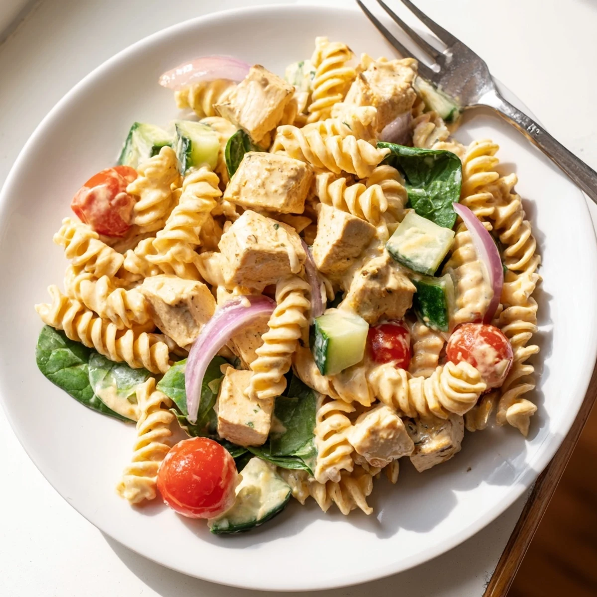 Golden seared chicken over honey mustard pasta salad with crisp bell peppers