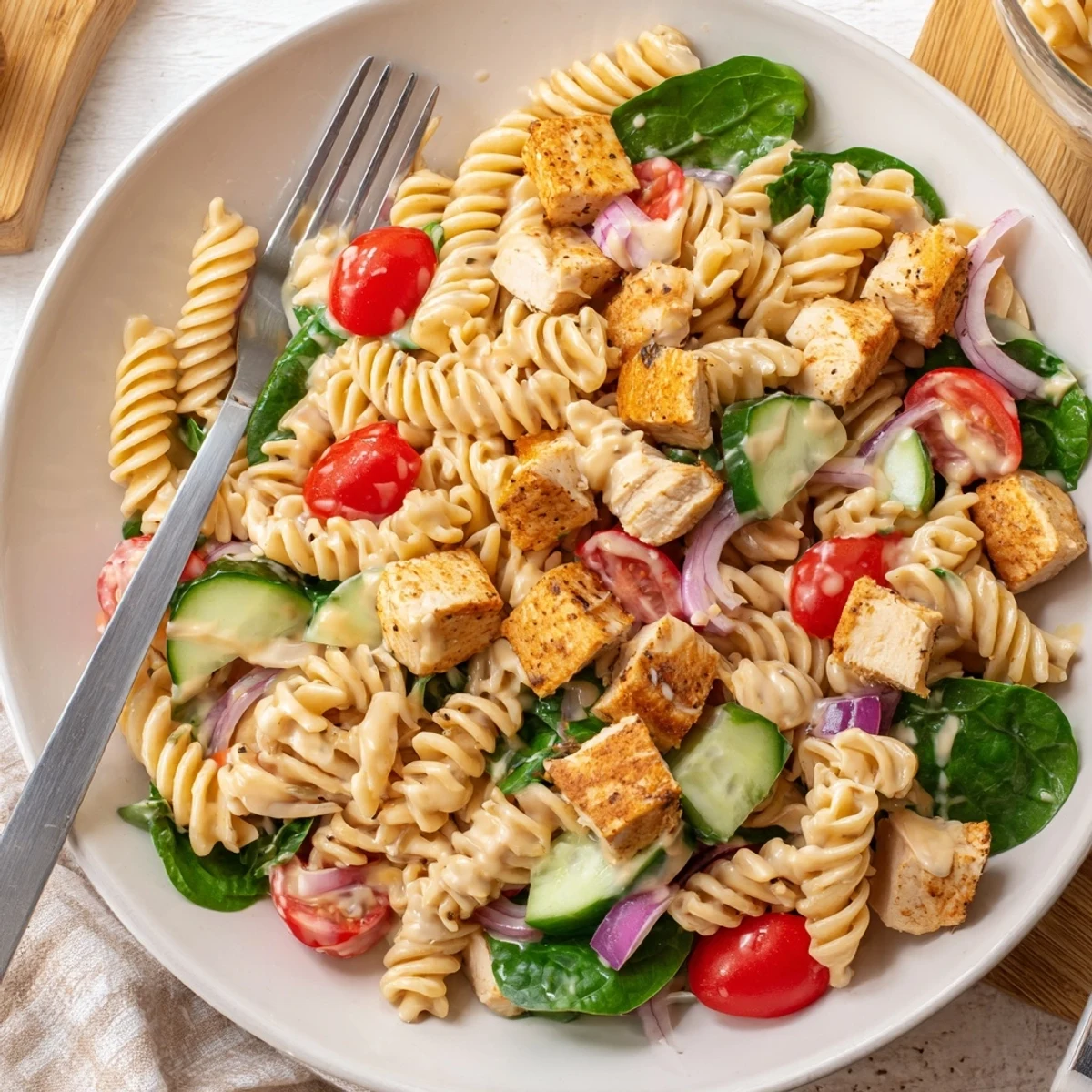 Honey mustard chicken pasta salad tossed with fresh spinach and tomatoes