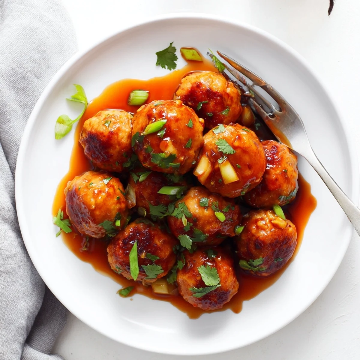Golden sweet pineapple chicken meatballs glistening in tangy sauce on a white platter