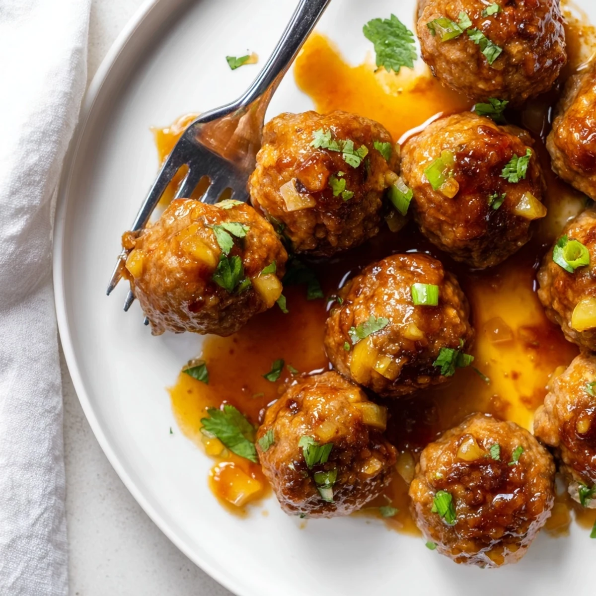 A close-up of sweet pineapple chicken meatballs garnished with fresh cilantro and pineapple chunks