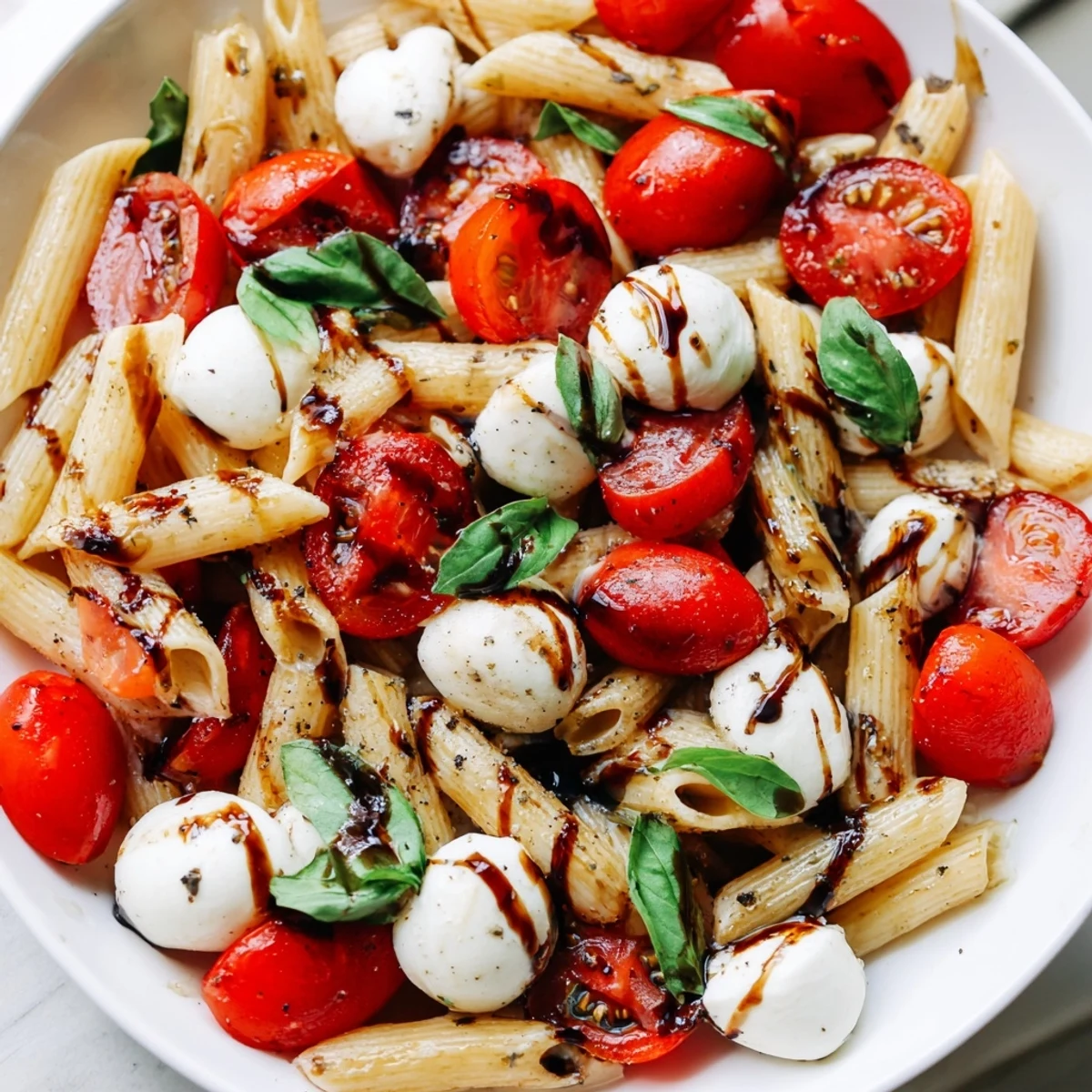 Colorful Caprese Pasta Salad with cherry tomatoes, mozzarella, and fresh basil leaves