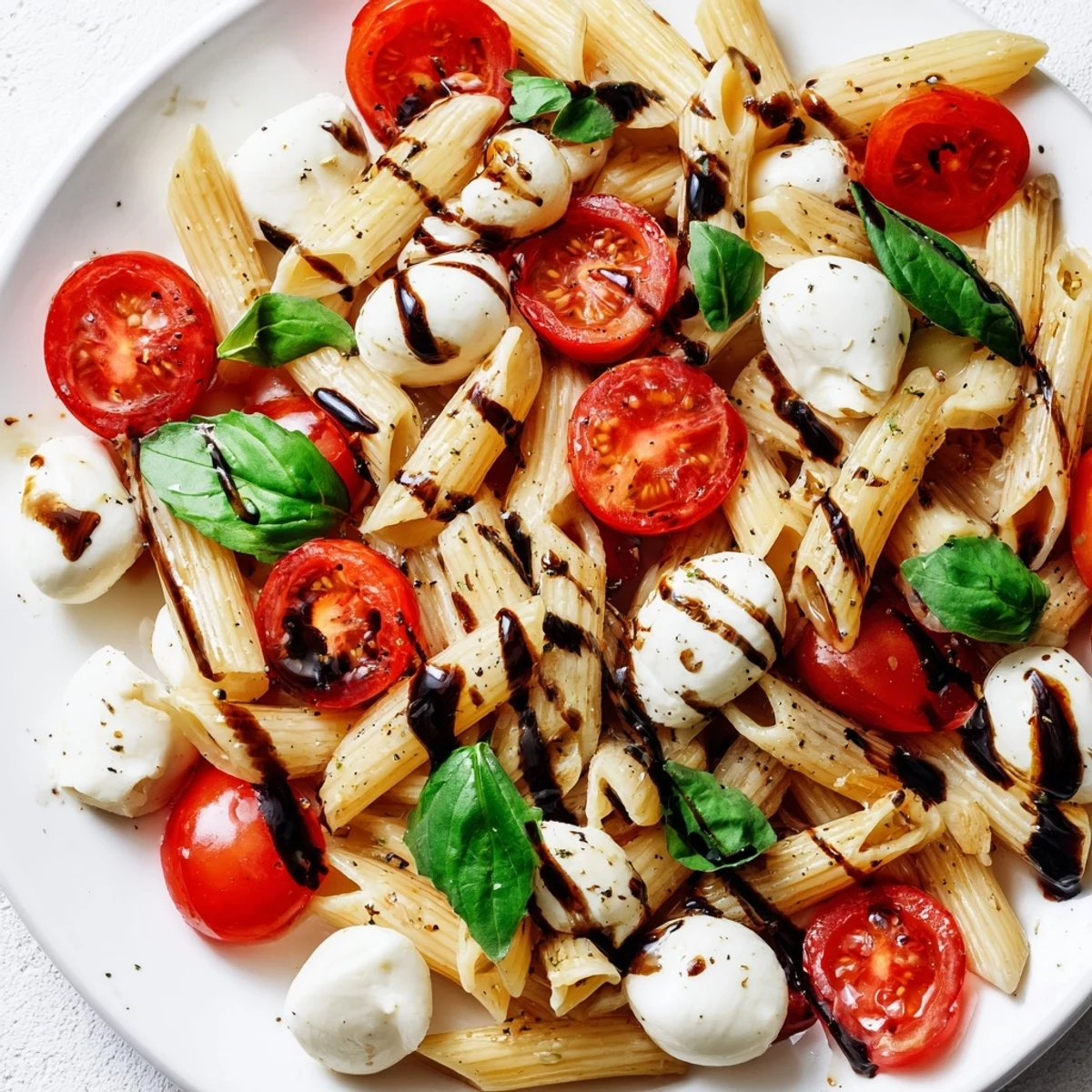 Caprese Pasta Salad drizzled with balsamic glaze in a rustic serving bowl