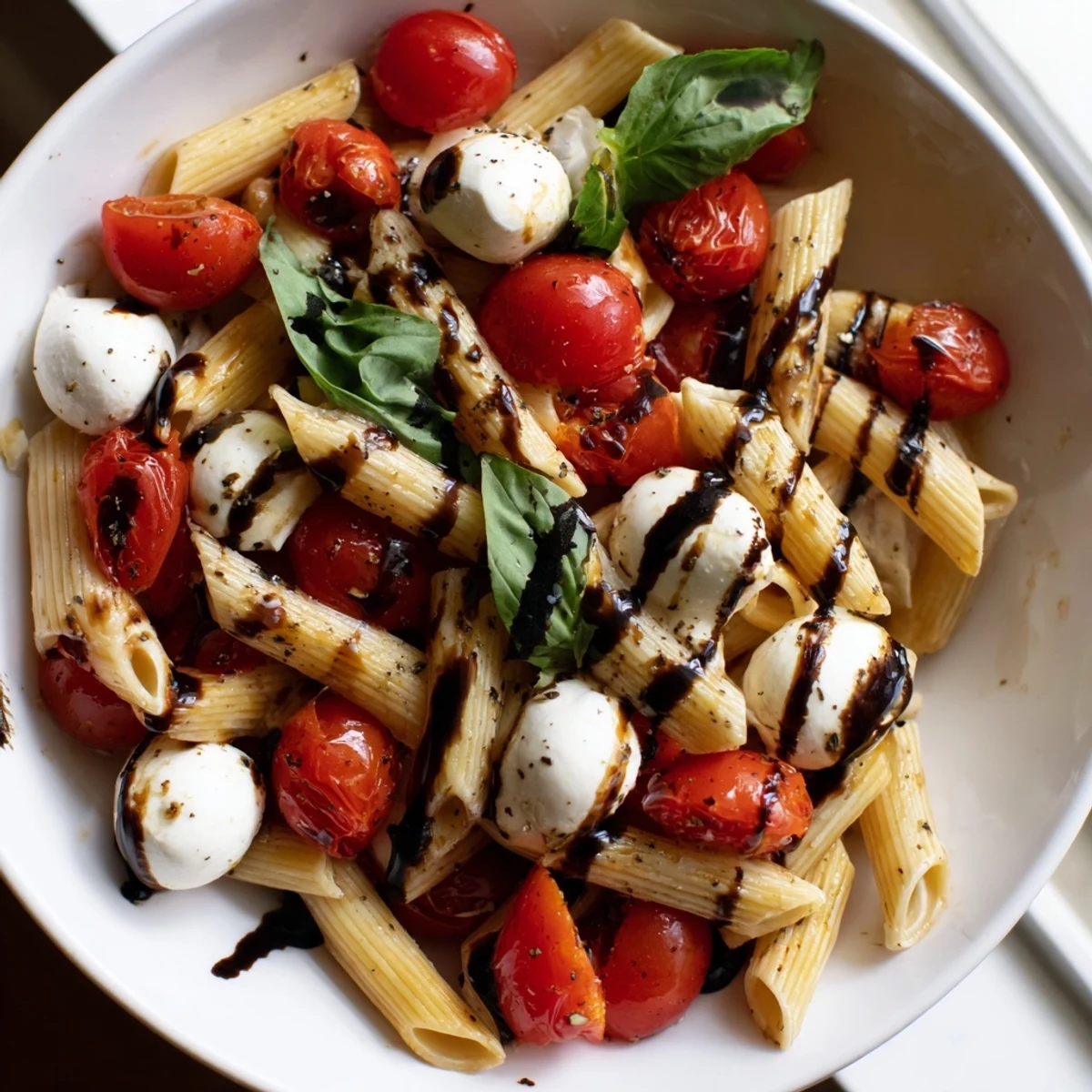 Vibrant Caprese Pasta Salad featuring al dente penne, juicy tomatoes, and creamy mozzarella