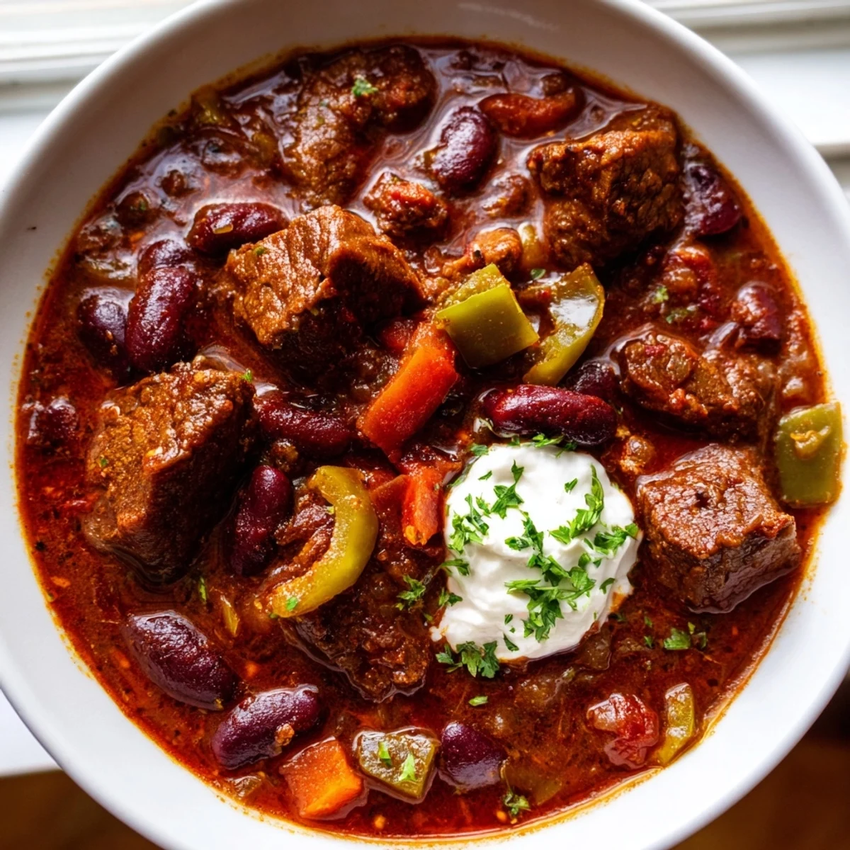 Thick beefy chili stew in a rustic bowl, topped with shredded cheddar and fresh cilantro