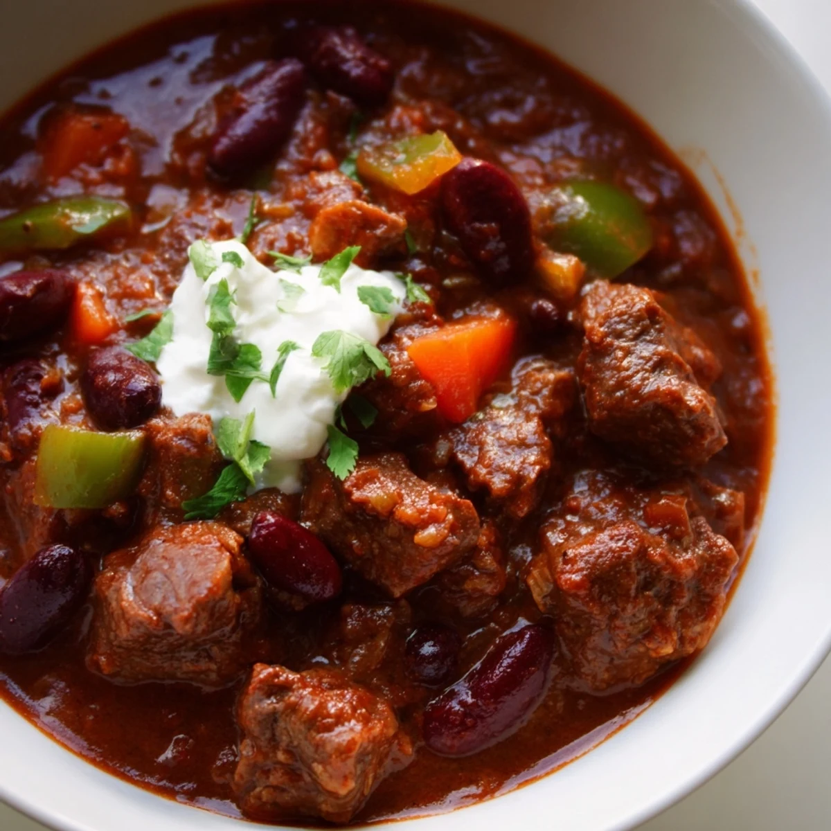 A steamy ladle pours beefy chili stew over white rice in a ceramic dish