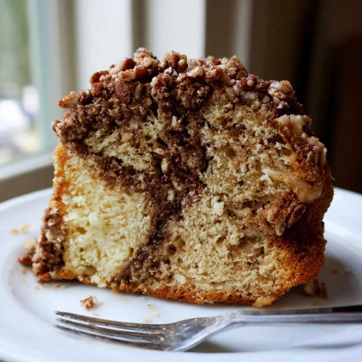 Warm cinnamon pecan crunch coffee cake sliced on a rustic wooden cutting board with powdered sugar dusted on top