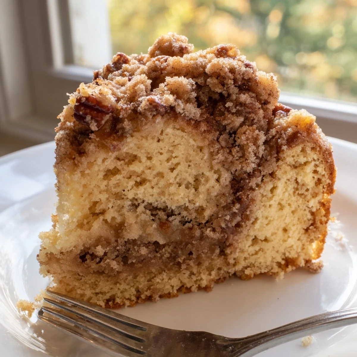 Golden cinnamon pecan crunch coffee cake fresh from the oven with a crinkled cinnamon sugar pecan topping