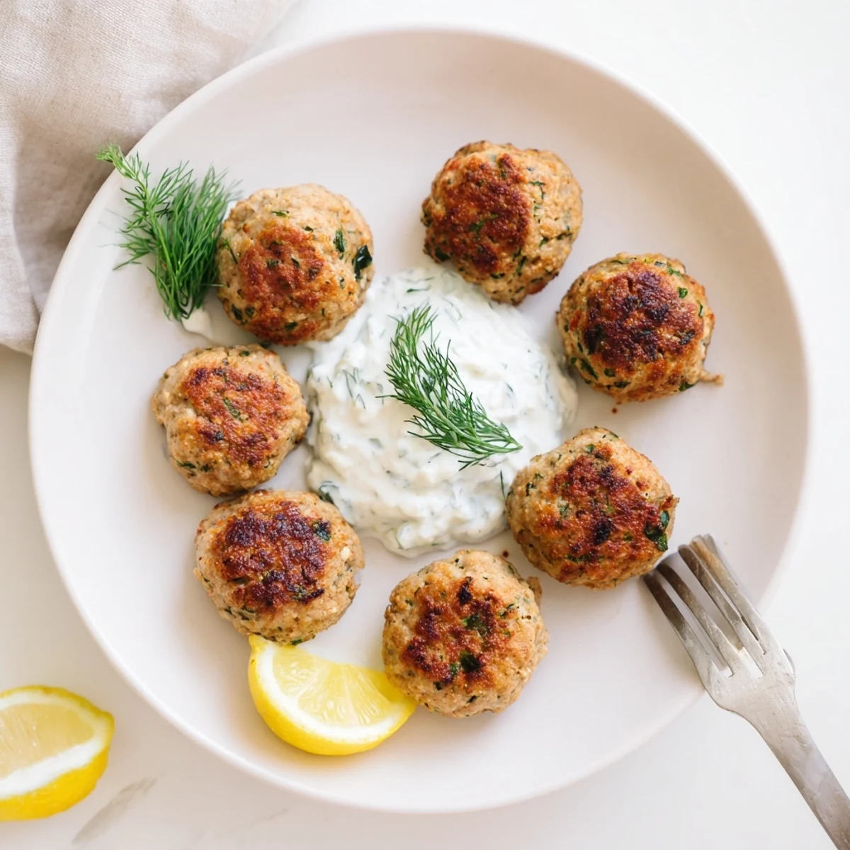 Golden Greek turkey meatballs nestled beside a bowl of cool, creamy tzatziki sauce