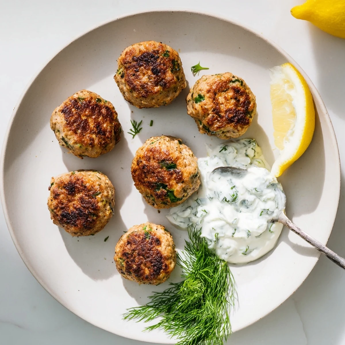 Herb-flecked Greek turkey meatballs drizzled with tzatziki on a rustic white serving plate