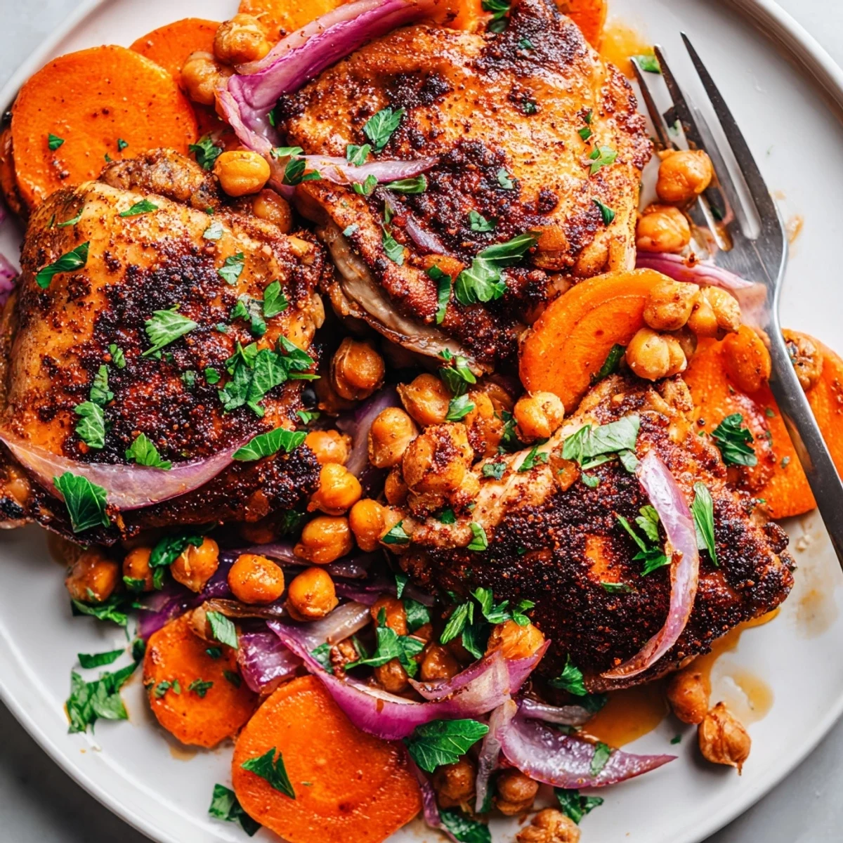 Golden sumac chicken with carrots and chickpeas fresh from a hot oven