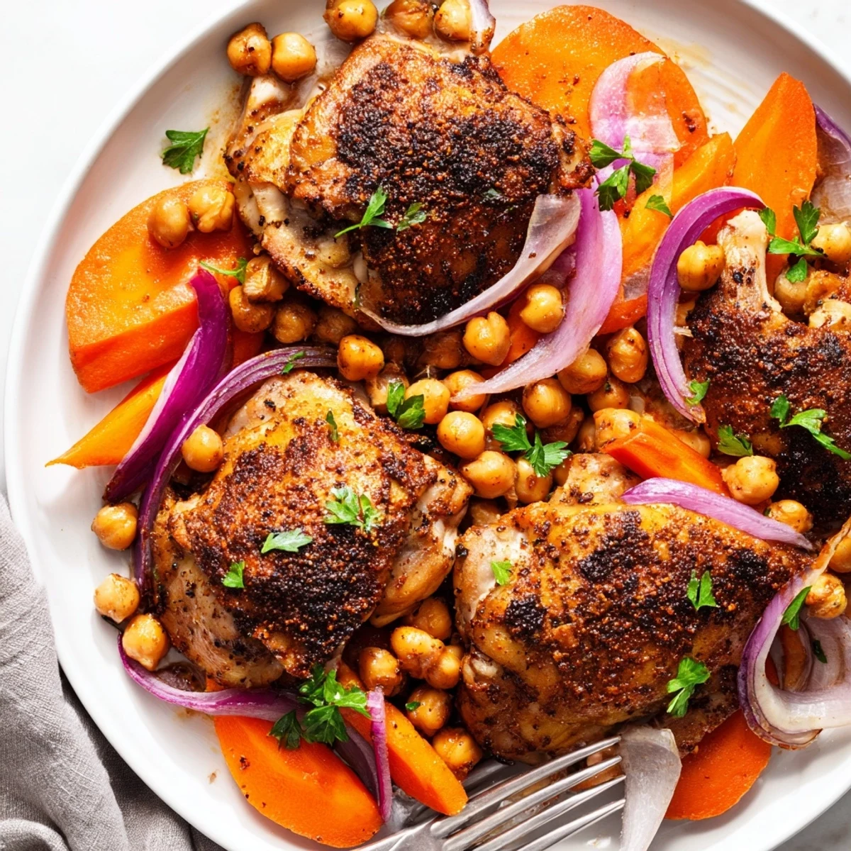 Tender sumac chicken roasted over spiced carrots and chickpeas on a sheet pan