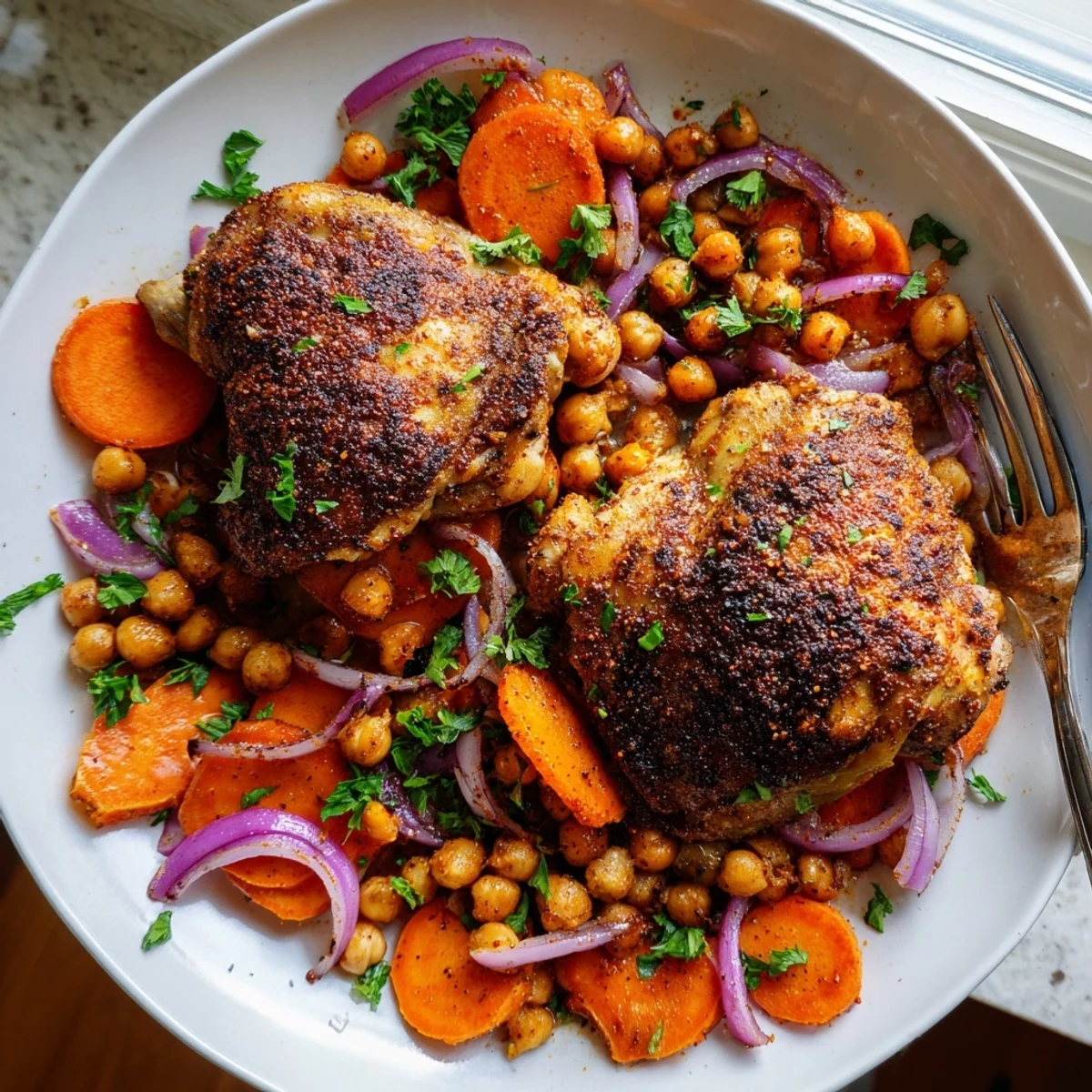 Juicy sumac chicken with caramelized carrots and chickpeas garnished with bright parsley