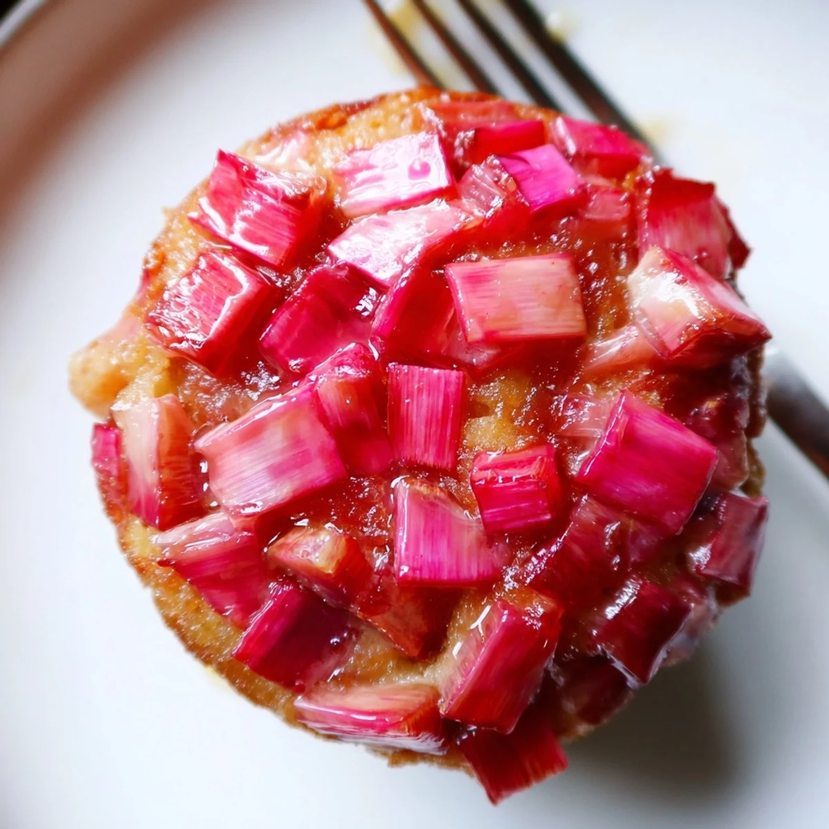 Golden upside down rhubarb muffins with caramelized fruit crowning each tender top