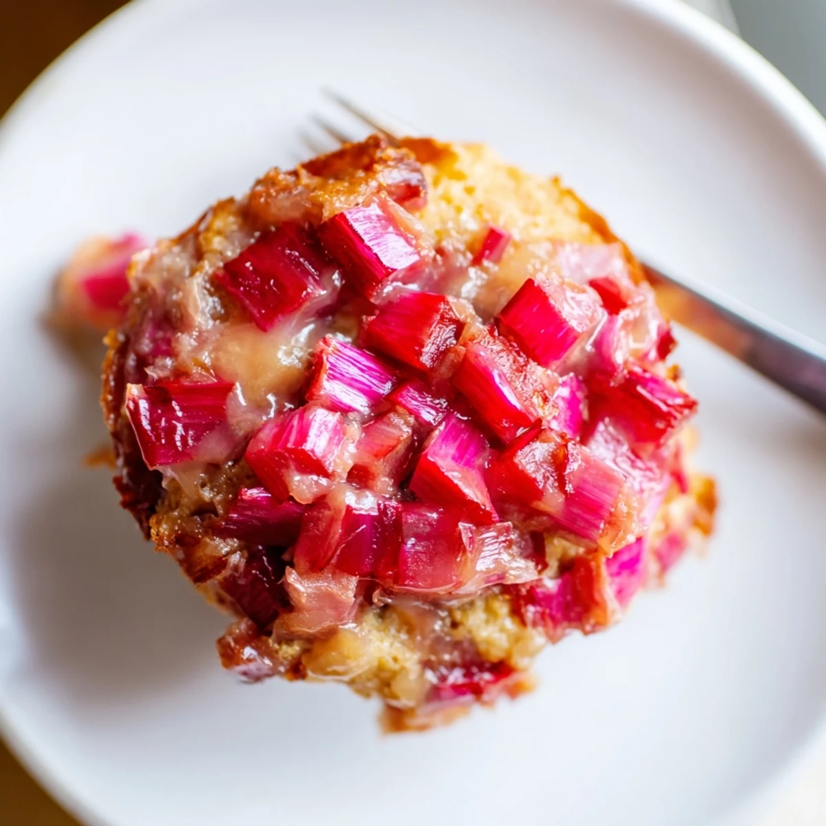 Warm upside down rhubarb muffins flipped to reveal glistening ruby pink fruit