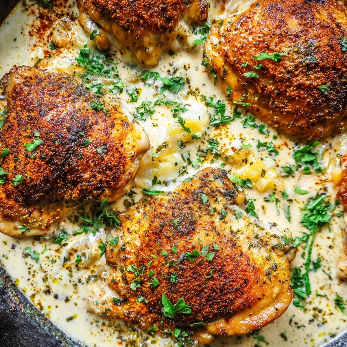 Golden oven baked chicken thighs nestled in a creamy garlic parmesan sauce with herbs