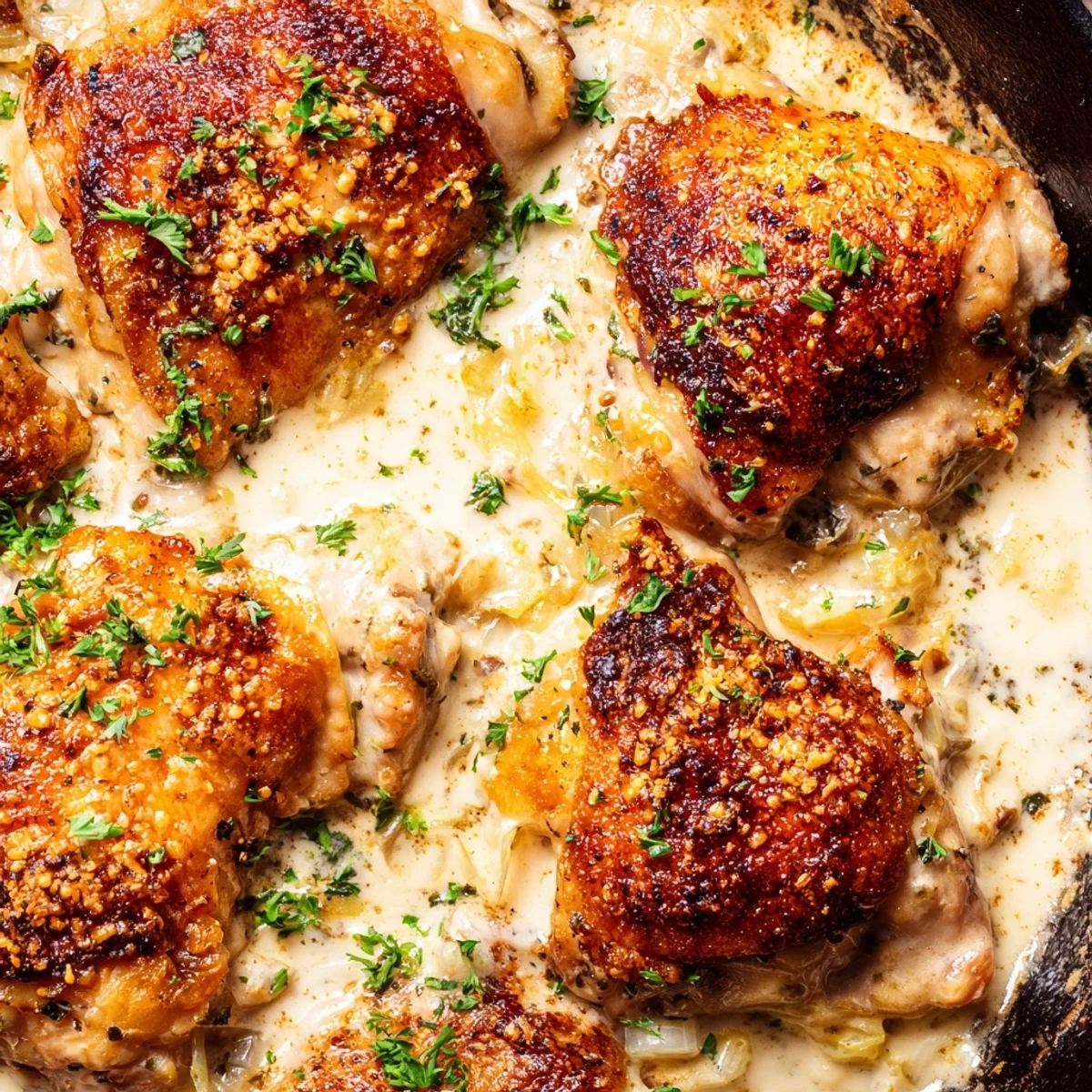 Crispy-skinned oven baked chicken thighs swimming in a rich, bubbling cream sauce