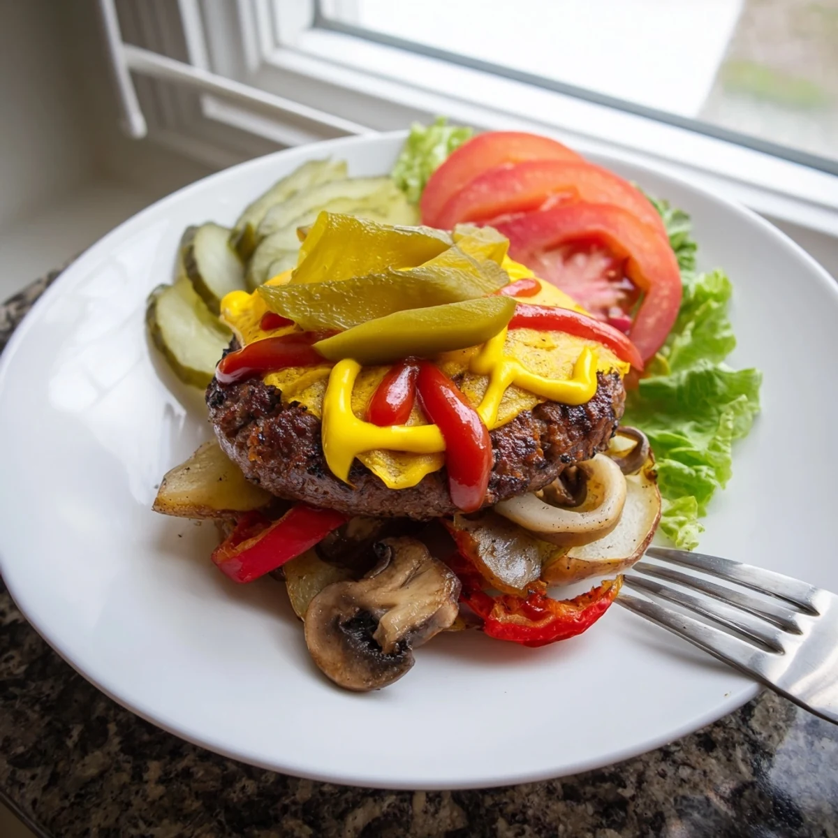 Golden cheeseburger hobo packets served open with pickles lettuce and smoky grilled vegetables