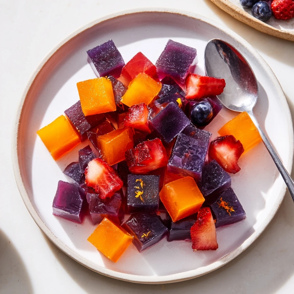 Colorful collagen fruit jellies glistening in a silicone mold, ready to unmold and serve