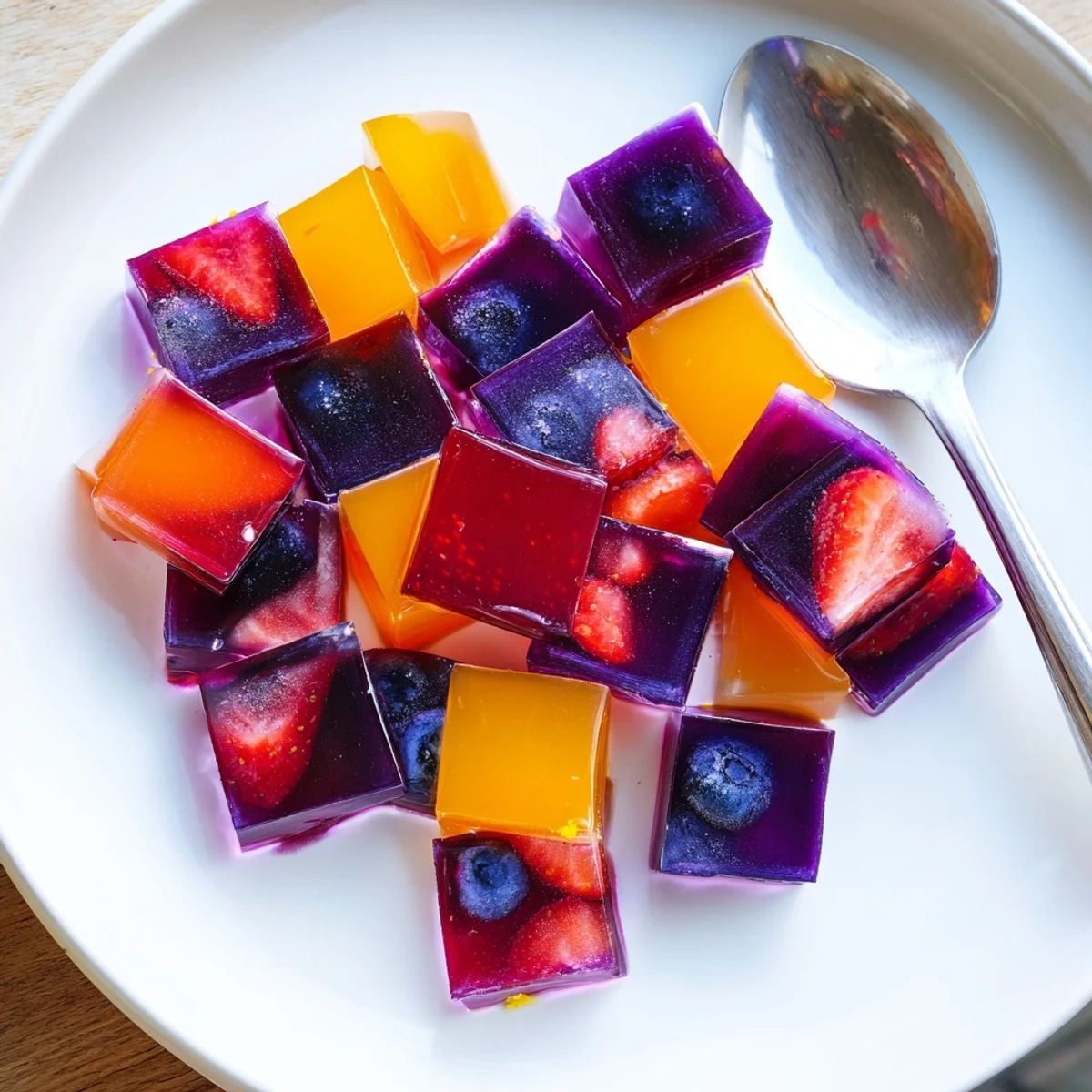 Slightly translucent collagen fruit jellies cut into cubes with fresh berries scattered around them