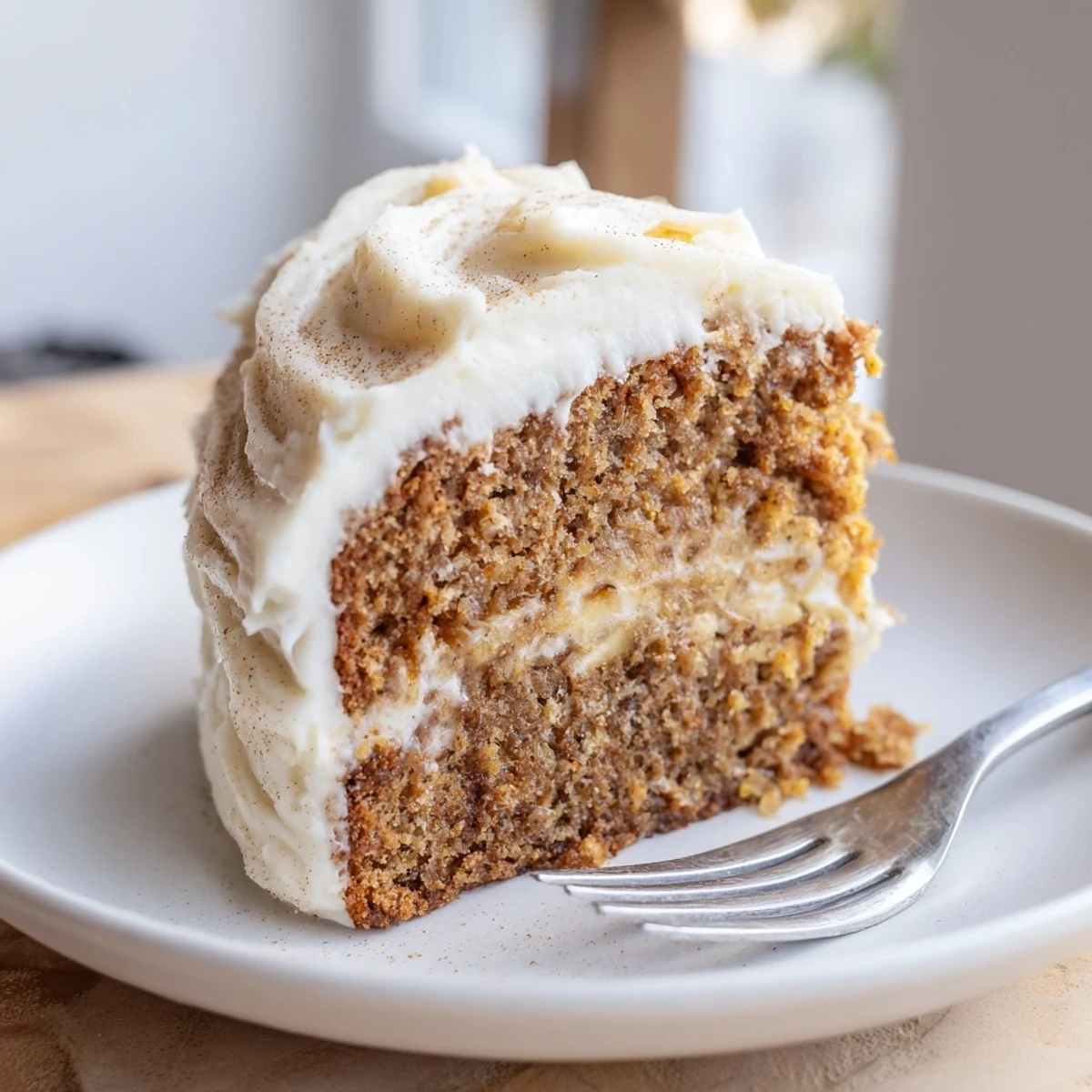 Brown Butter Banana Cake sliced thick with generous cream cheese frosting on a rustic plate