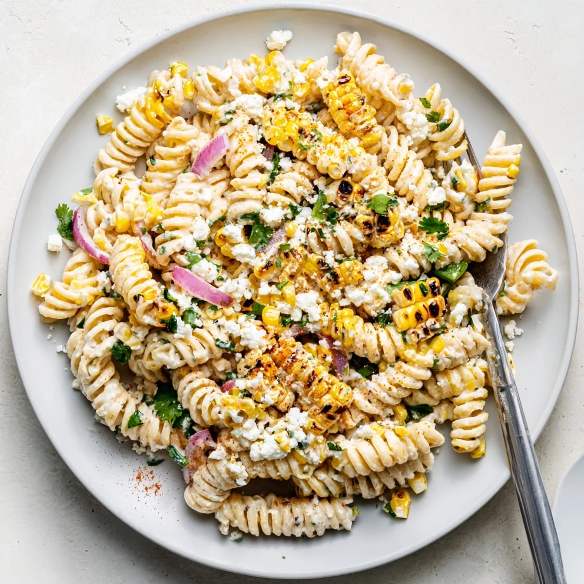 Creamy elote street corn pasta salad topped with crumbled cotija cheese and fresh cilantro