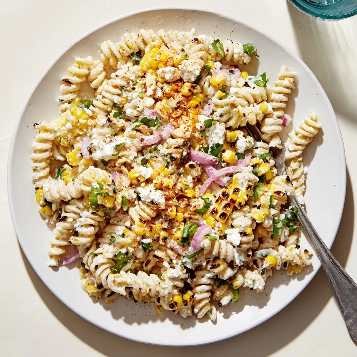 Hearty elote street corn pasta salad served in a bowl with a chili powder garnish
