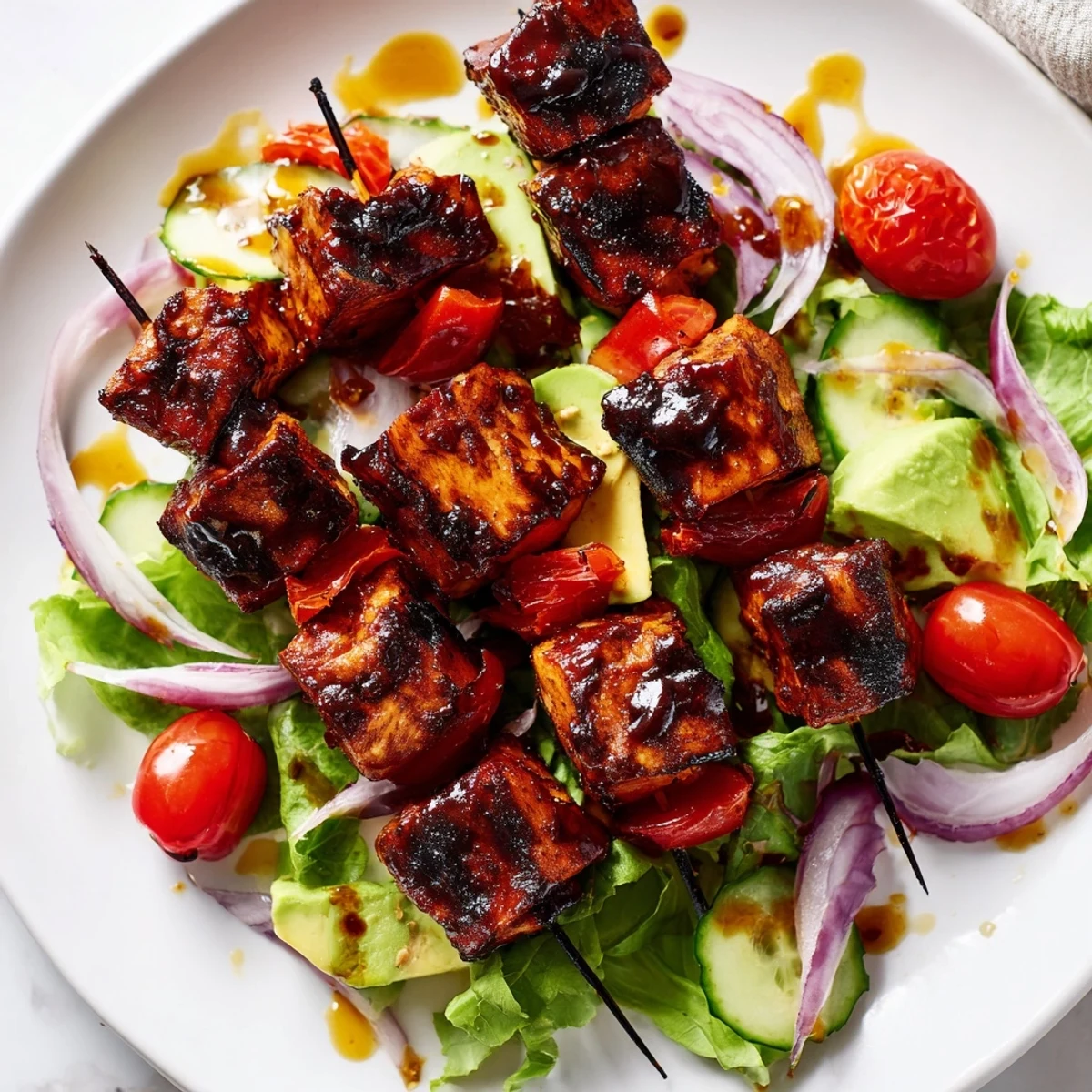 Smoky BBQ chicken skewers rest on a bed of crisp, colorful summer vegetables with tangy dressing.