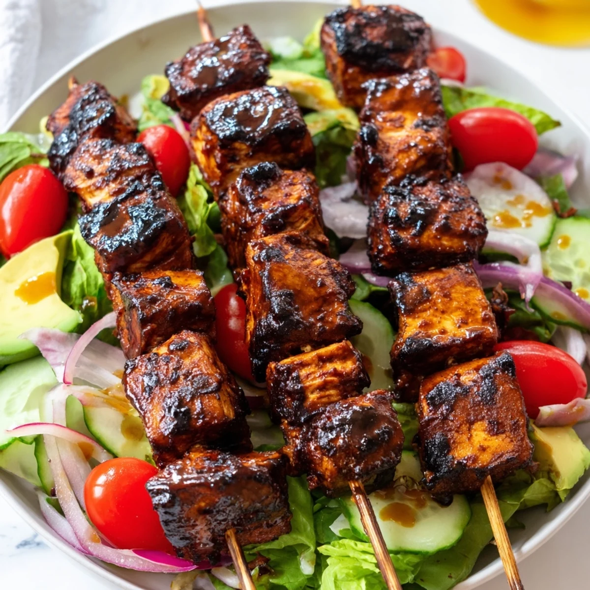 Charred BBQ chicken skewers sit beside ripe tomatoes, bell peppers, and mixed greens drizzled with honey-mustard dressing.